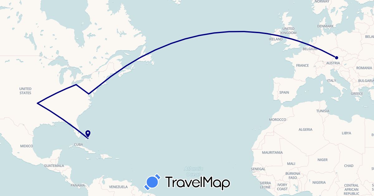 TravelMap itinerary: driving in Austria, Bahamas, United States (Europe, North America)